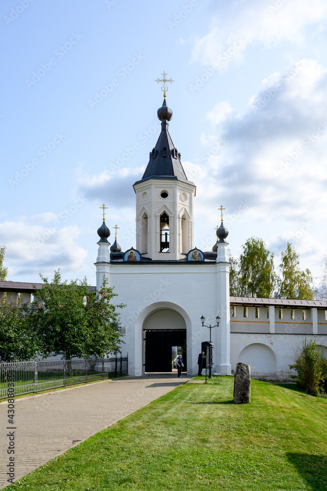 South gate with a gate chapel in Staritsky Holy Dormition Monastery, Staritsa, Tver region, Russian Federation, September 20, 2020