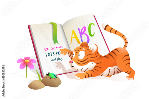 Cute baby little tiger reading studying ABC book, studying and playing. Fun educational illustration for children library. Kids tiger cub lesson at school vector cartoon in watercolor style.
