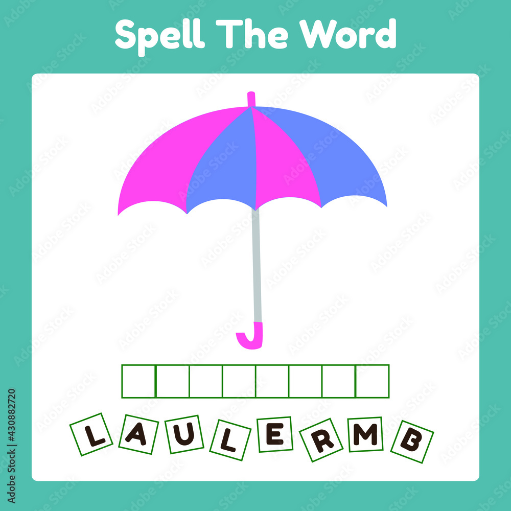 Spelling Word Scramble Game Template Umbrella. Perfect for Kids