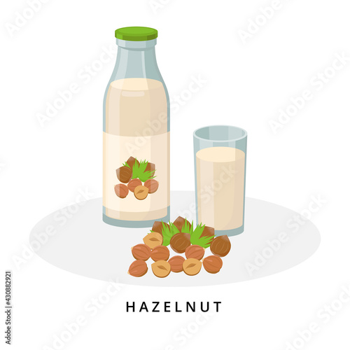 Hazelnut milk in bottle and glass. Plant milk, vegan milk concept. Vector illustration isolated on white background. Alternative milk and ingredients.