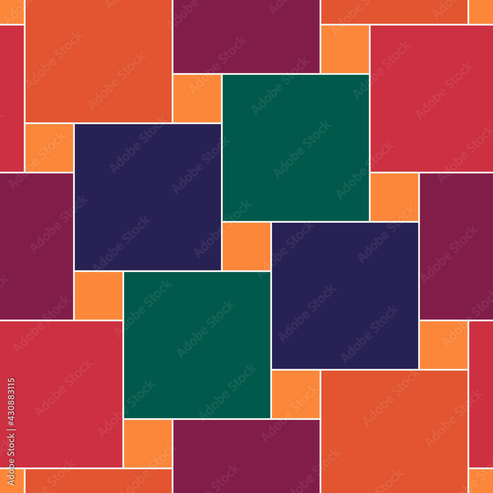 Seamless pattern. Pythagorean tiling. Squares tessellation. Repeated color checks ornament. Square, check shapes background. Mosaic motif. Flooring wallpaper. Digital paper for print. Vector