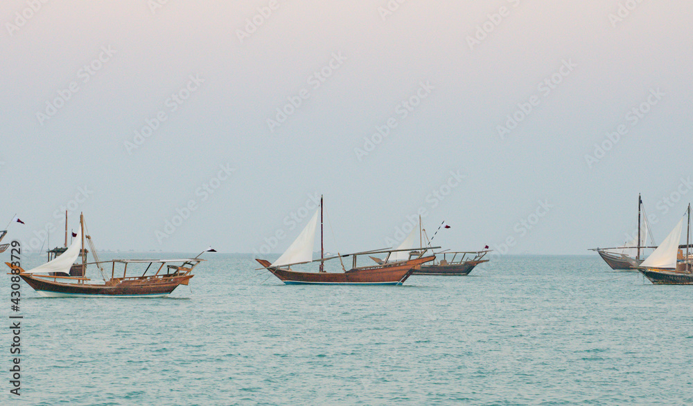 Traditional Dhow boats in Dhow festival, Doha Qatar. Selective focus