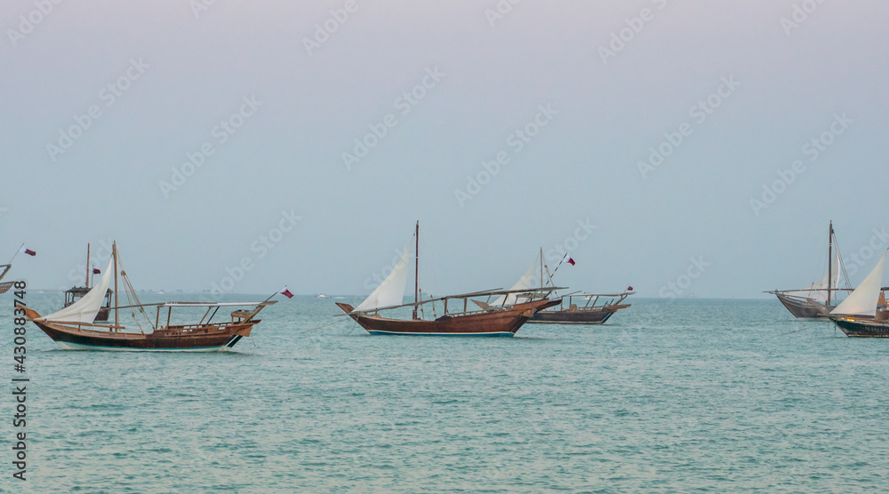 Traditional Dhow boats in Dhow festival, Doha Qatar. Selective focus Traditional Dhow boats in Dhow festival, Doha Qatar. Selective focus