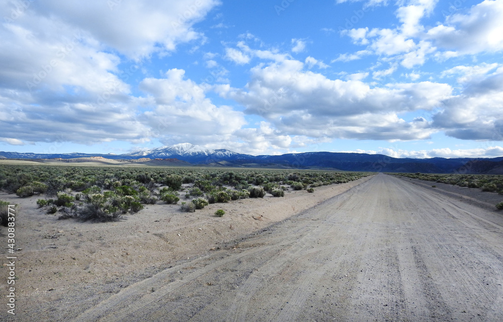 A scenic dirt road that travels through wild horse territory, in the Eastern Sierra Nevada Mountains, Mono County, California.