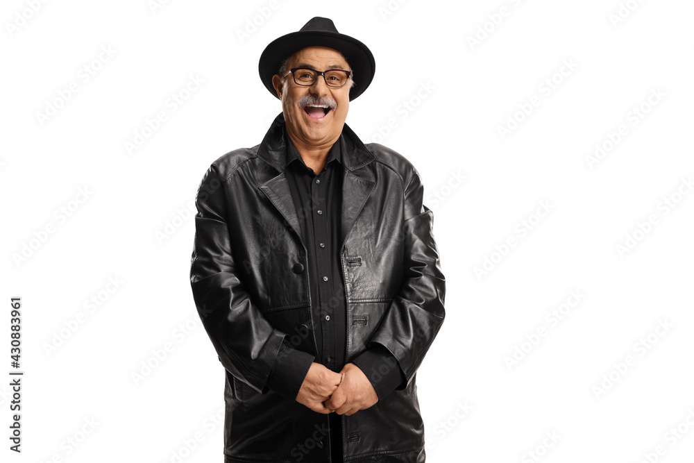 Cheerful mature man in a leather coat looking at camera and smiling Cheerful mature man in a leather coat looking at camera and smiling