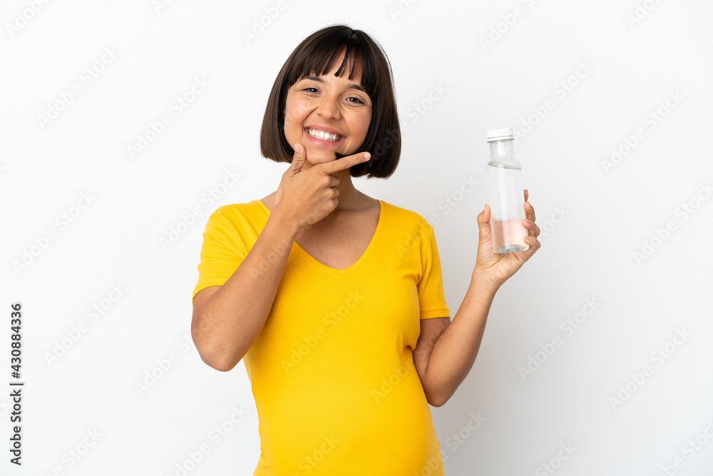 Young pregnant woman holding a bottle of water isolated on white background happy and smiling Young pregnant woman holding a bottle of water isolated on white background happy and smiling