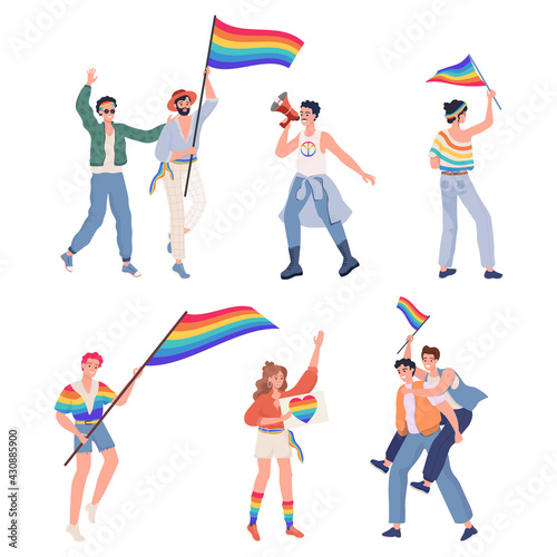 LGBTQ pride vector flat illustration. Men and women in rainbow clothes with LGBT flag. Lesbian, gay, bisexual, transgender male and female characters. Human rights and tolerance concept.