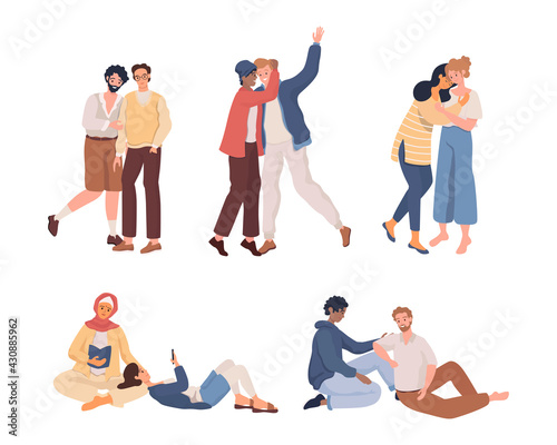 Collection of LGBT couples spending time together. Romantic male and female transgender partners, gay and lesbian characters vector flat illustration. Love diversity concept.