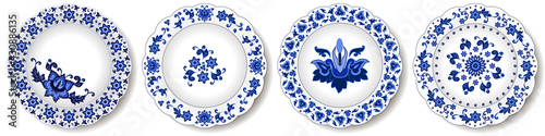 Porcelain plates, blue on white pattern in oriental asian style. Abstract floral ornament with Chinese and Indian design  motives. Decorative plate or dish isolated. Vector illustration