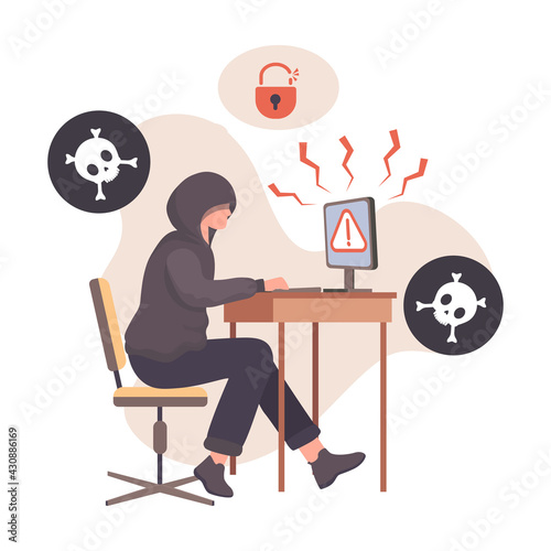 Hacker stealing personal information from computer vector flat illustration. Cyber security. Hacker attack, phishing, wire fraud, stealing login, password, and financial data concept.