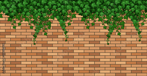Fototapeta Naklejka Na Ścianę i Meble -  Birck wall with ivy leaves. Summer green ivy foliage on  bricks, building wall or fence. Seamless repeat pattern, cartoon background. Vector illustration