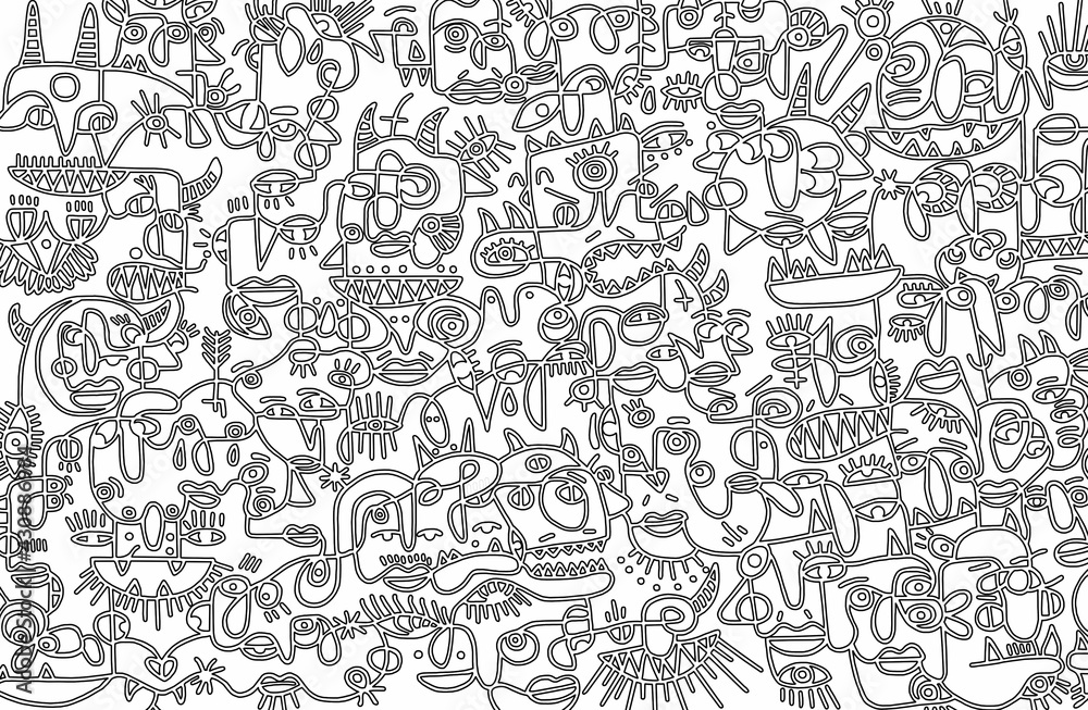 Black and white cartoon pattern on white background, abstract design