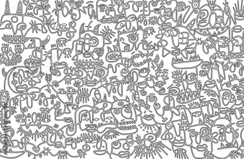 Black and white cartoon pattern on white background  abstract design