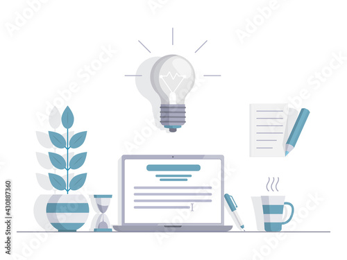 Working on laptop vector flat illustration isolated on white background. Burning light bulb, documents with notes, cup of coffee, and domestic plant. Remote work or business application concept.