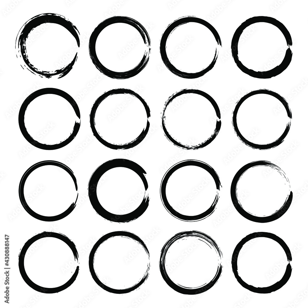 Set of black grunge circle brush. Geometric art. Vector illustration. Trendy design element for round frames, logo, sign, tattoo, symbol, prints, badges, emblems, web, template and textile pattern Set of black grunge circle brush. Geometric art. Vector illustration. Trendy design element for round frames, logo, sign, tattoo, symbol, prints, badges, emblems, web, template and textile pattern