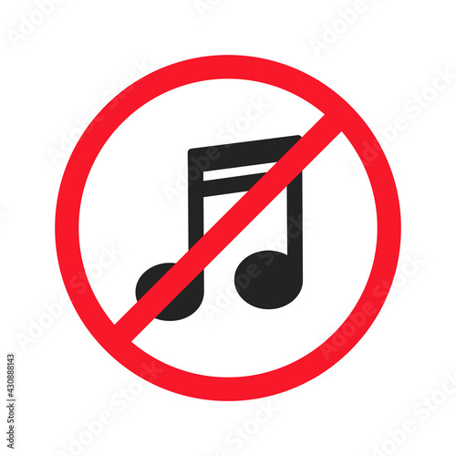 Music is prohibited vector flat illustration isolated on white background. Musical note icon in crossed out red circle. Warning, singing or playing musical instruments unresolved.
