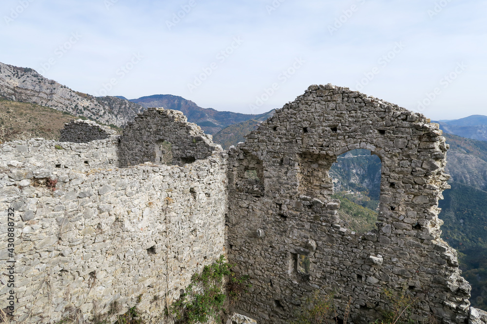 Ruins of Rocca Sparviera, a ghost village located in the Alpes-Maritimes, France