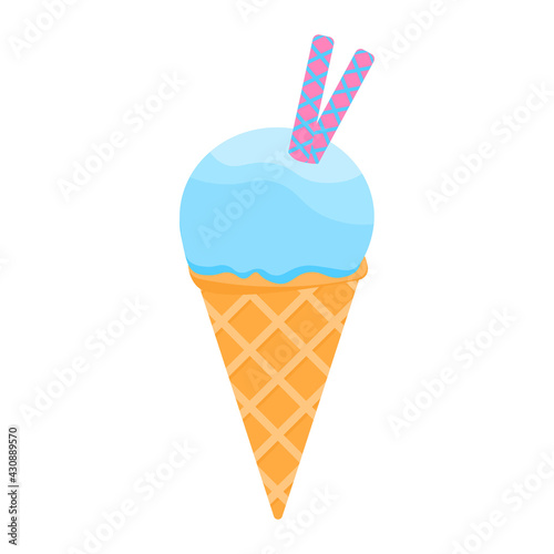 Waffle cone with blue ice cream and tubules
