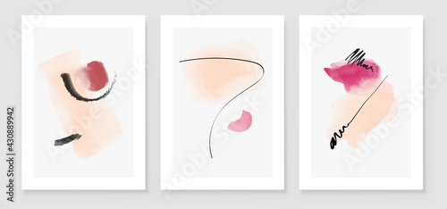 Teal and Peach Abstract Watercolor Compositions. Set of soft color painting wall art for house decoration or invitations. Minimalistic background design. Vector wall art plants in minimalist style.