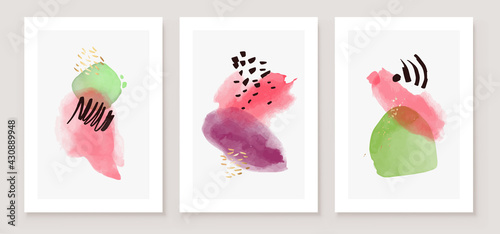 Teal and Peach Abstract Watercolor Compositions. Set of soft color painting wall art for house decoration or invitations. Minimalistic background design. Vector wall art plants in minimalist style.