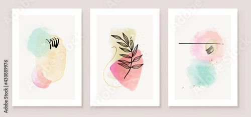 Teal and Peach Abstract Watercolor Compositions. Set of soft color painting wall art for house decoration or invitations. Minimalistic background design. Vector wall art plants in minimalist style.