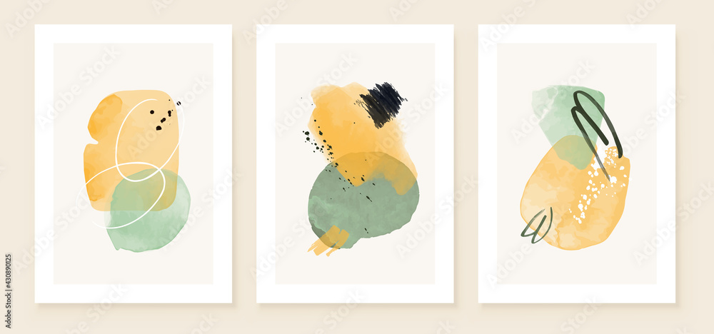 Teal and Peach Abstract Watercolor Compositions. Set of soft color painting wall art for house decoration or invitations. Minimalistic background design. Vector wall art plants in minimalist style.