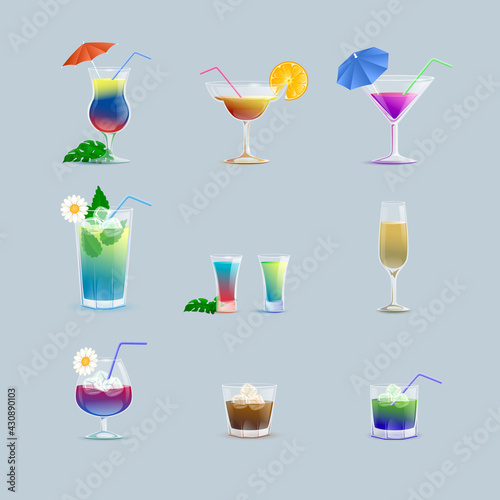 Set of colorful tasty summer cocktails in bar or restaurant glassware vector cartoon illustration. Refreshment beverages with ice cubes, decorated with flower straws, cocktail umbrellas, and fruits.
