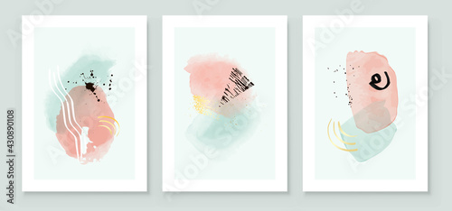 Teal and Peach Abstract Watercolor Compositions. Set of soft color painting wall art for house decoration or invitations. Minimalistic background design. Vector wall art plants in minimalist style.