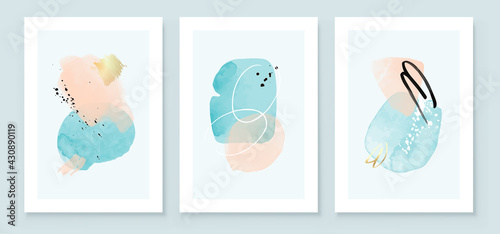 Teal and Peach Abstract Watercolor Compositions. Set of soft color painting wall art for house decoration or invitations. Minimalistic background design. Vector wall art plants in minimalist style.