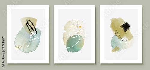 Teal and Peach Abstract Watercolor Compositions. Set of soft color painting wall art for house decoration or invitations. Minimalistic background design. Vector wall art plants in minimalist style.