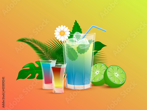Refreshment alcoholic drinks with lime, ice cubes, straws, and tropical leaves. Colorful and fresh summer beverages vector cartoon illustration. Alcohol cocktails in bar or restaurant glassware.