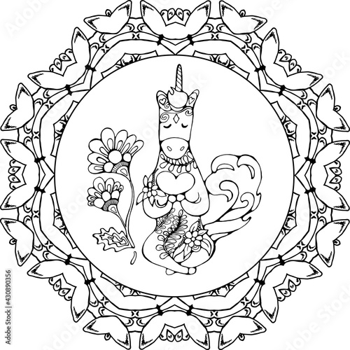Peaceful unicorn meditates among ornament flowers. Mandala ornament.