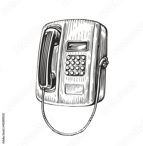 Payphone retro sketch. Public phone in vintage engraving style. Vector illustration