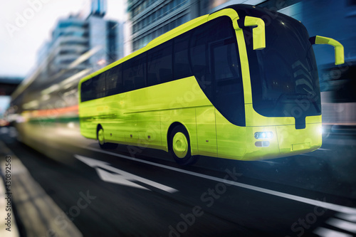 Yellow bus moving fast on the road in a modern city with light effect.3d rendering
