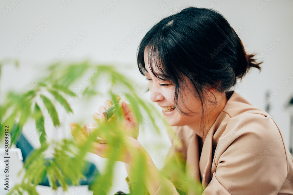 笑顔でメイクをする若い女性 笑顔でメイクをする若い女性