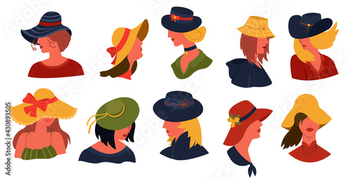 A Set of Elegant Beautiful Hats and Caps on Women Heads. Blue and yellow with red are colors of the Hats. Concept of Traditional Classic Casual Evening Headwear. Vector Cartoon illustration.