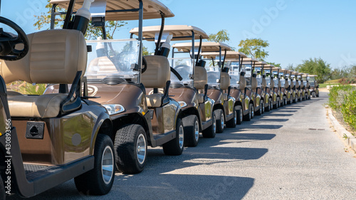 Εκτύπωση καμβά A row of electric golf carts on a golf course.