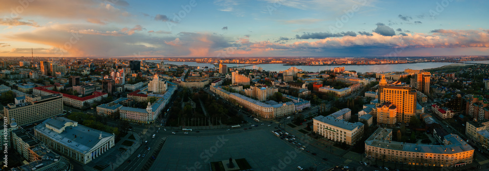 Panorama of Evening spring central Voronezh cityscape at sunset, aerial view