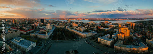 Panorama of Evening spring central Voronezh cityscape at sunset, aerial view