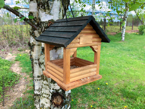 On a birch a birdhouse for birds close-up in summer. © Marina
