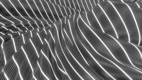 Beautiful wavy background. White glowing stripes on a black background. 3D rendering image.
