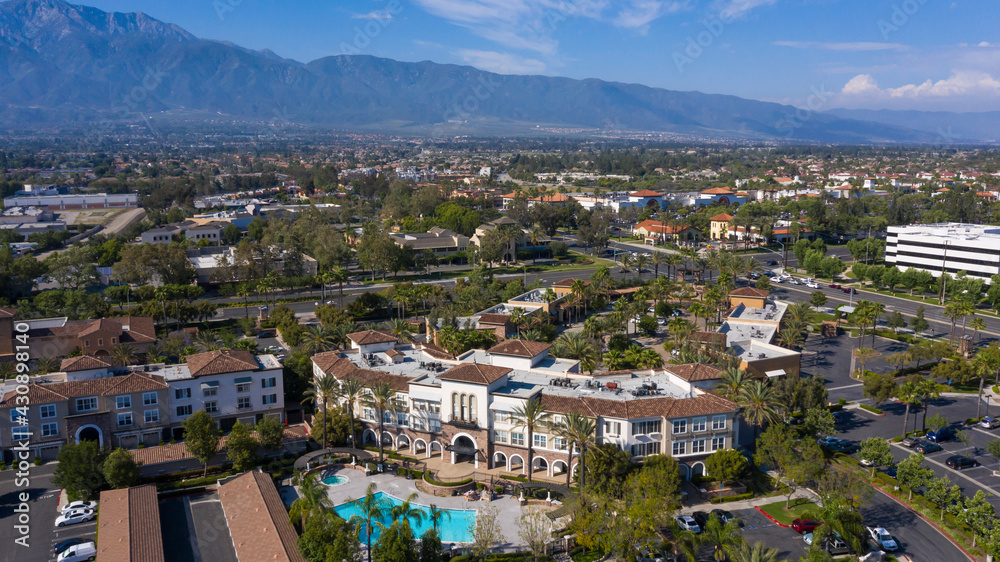 Daytime aerial view of downtown Rancho Cucamonga, California, USA.