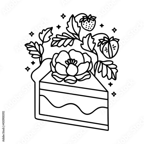 Hand drawn cute cake  pastry  strawberry  floral and bakery elements in linear style and isolated white background. Food drawing for children coloring page  icon  product logo  emblem  decoration