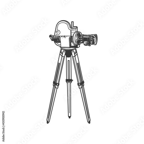 Cinematography and motion picture equipment, retro movie camera on tripod isolated monochrome icon. Vector movie time, professional vintage photocamera. Film projector, motion picture symbol
