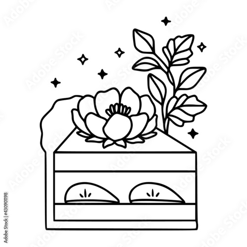 Cute cake, pastry, pudding, bakery elements with rose, peony flower, lemon, leaf, and strawberry. Hand drawn lineart for children coloring page, food icon, product logo, emblem, decoration