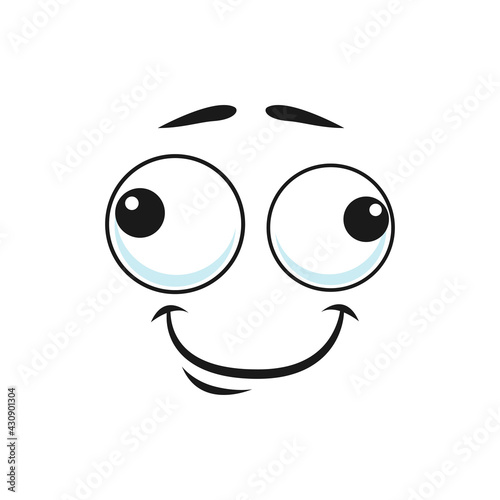 Comic smiley head, depressed emoticon with eyes looking aside isolated icon. Vector tired or bored emoticon, exhausted face expression, avatar with big eyes. Indifferent uncertain emoji sign
