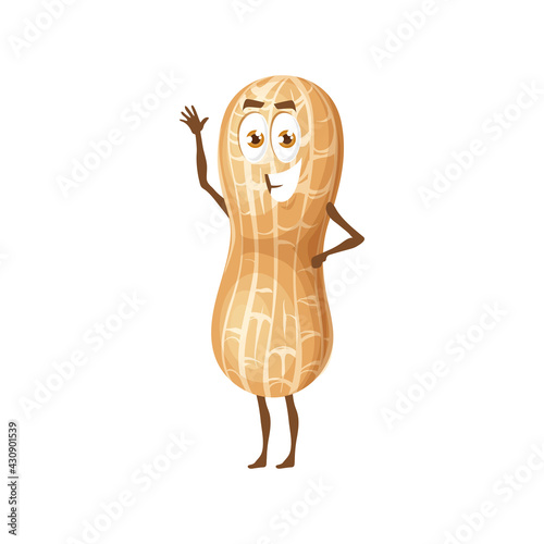 Peanut emoji emoticon isolated groundnut comic flat cartoon character Vector monkey nut or goober, peanut oil, butter and flour ingredient, vegetarian food superfood smiling hero waving hand