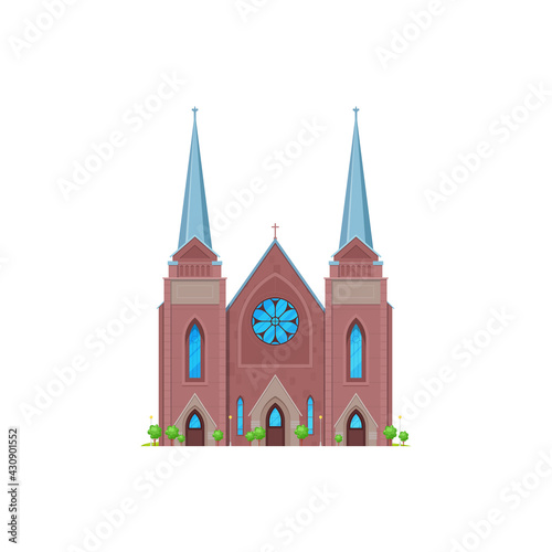Cathedral or church, medieval ancient temple or chapel, vector religion building. Catholic or christian church and evangelic cathedral with crucifix cross on steeple or campaniles