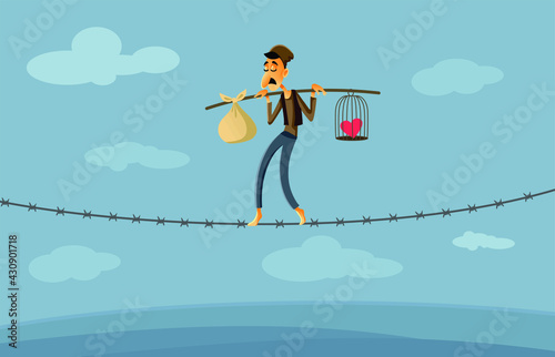 Migrant Worker Walking on Barbed Wire Fence Vector Illustration