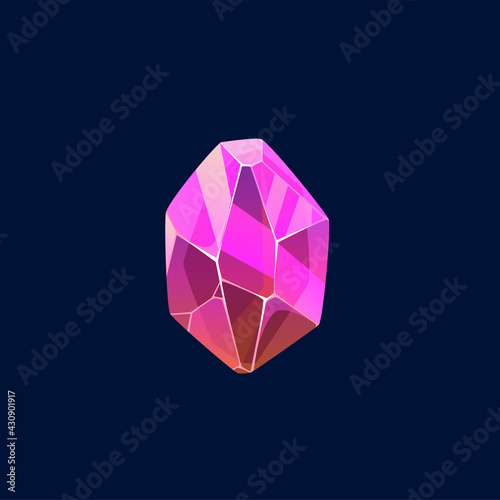 Pink gem stone, magic crystal vector icon. Semiprecious or precious raw mineral piece, topaz stone or gemstone, tourmaline, spinel or opal jewelry isolated cartoon symbol